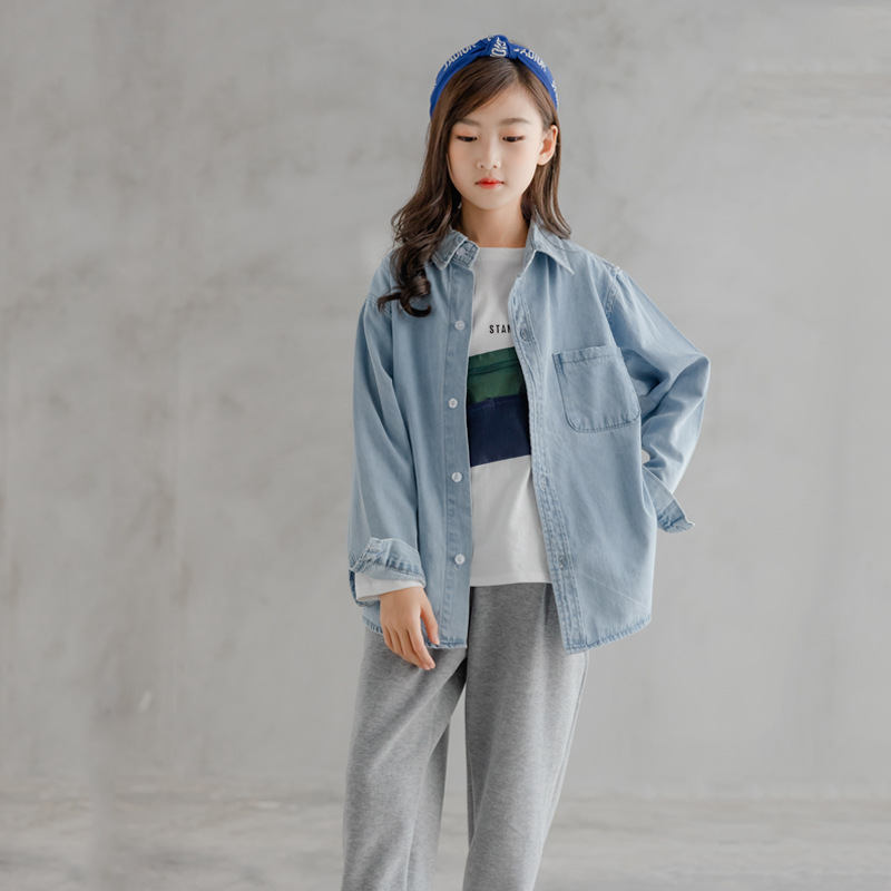 Рубашка для девочек весна-осень 2022, корейский стиль, джинсовая куртка, повседневный кардиган, длинный рукав, свободный топ