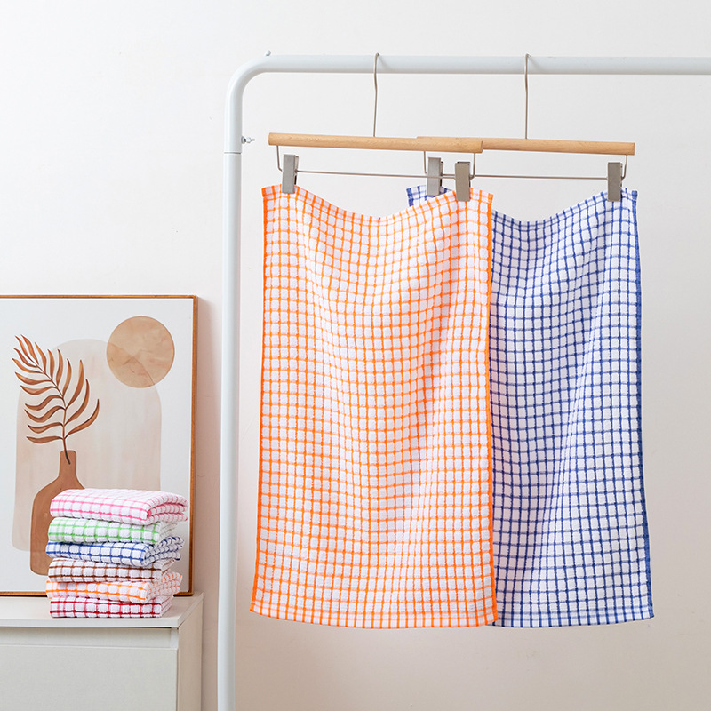 Pure Cotton Tea Towel Foreign Trade Fashion Color Grids Thickeneded Cleaning Towel Soft and Absorbent Cross-Border Wholesale Large Tea Towel