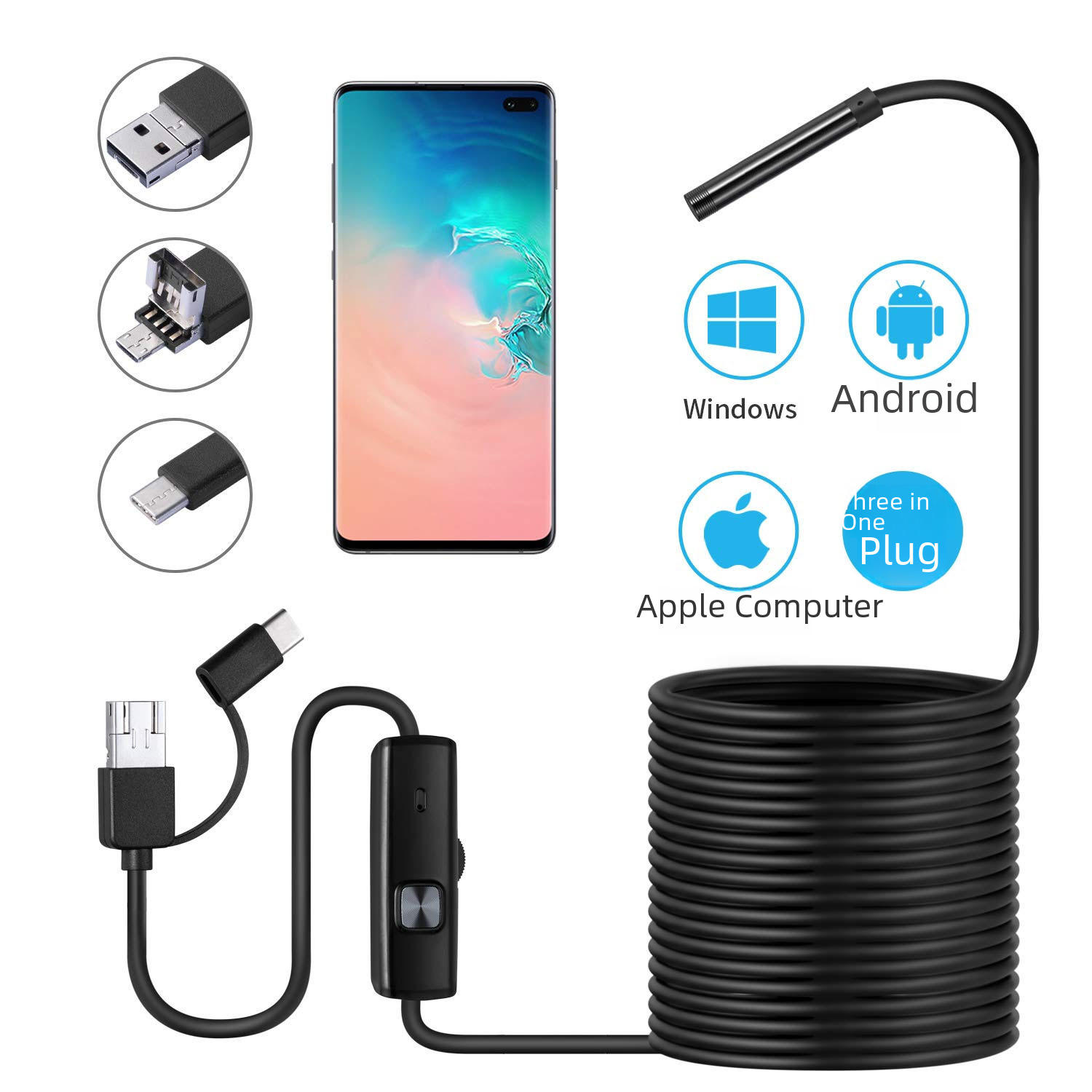 Three-in-one HD mobile phone endoscope industrial pipeline dredge underwater camera waterproof car repair probe