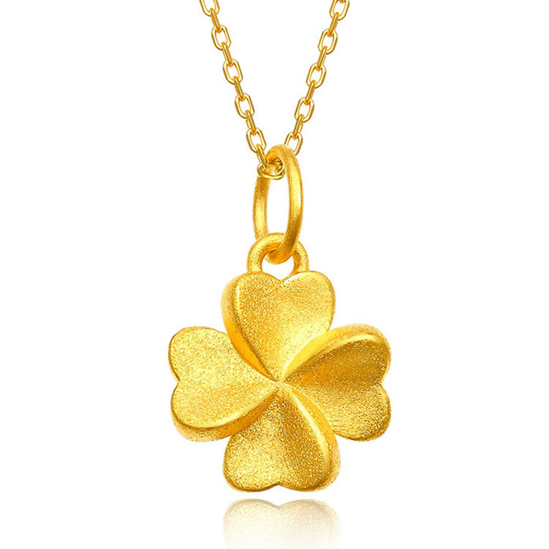 Gold 999 Four-leaf Grass Pendant Necklace 3D Hard Gold Light Luxury Simple Elegant Joker Chain Wholesale