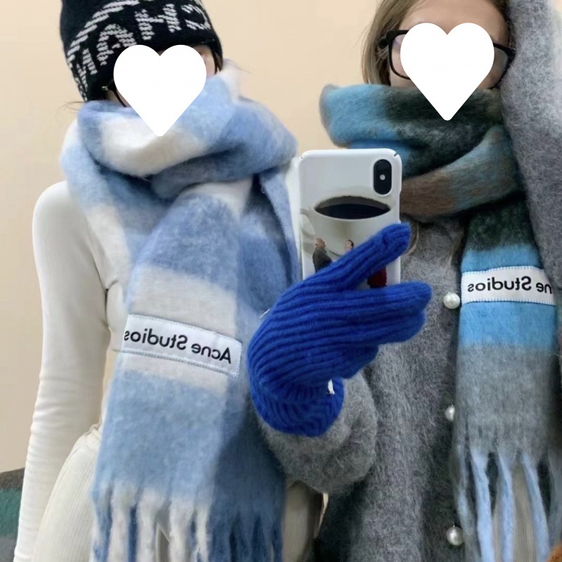 New Autumn and Winter Thickened Warm Rainbow Plaid Scarf European and American Style Loop Yarn Thick Tassel Color-Blocked Shawl