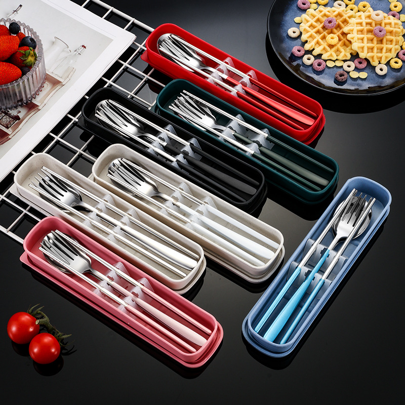 304 stainless steel portable tableware suit Korean tableware fork chopsticks three-piece set student office worker gift suit