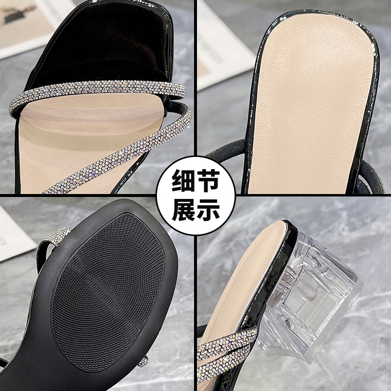 Thick-Heeled Sandals 2025 Summer New Square-Toe High-Heeled Slippers Fairy Style Outer Wear Transparent Rhinestone Flip-Flops