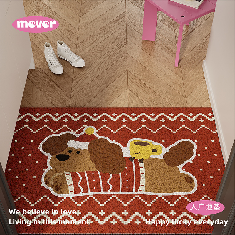 Коврик для входа с щенком в клетку, шелковый круг, красный, новогодний, нескользящий