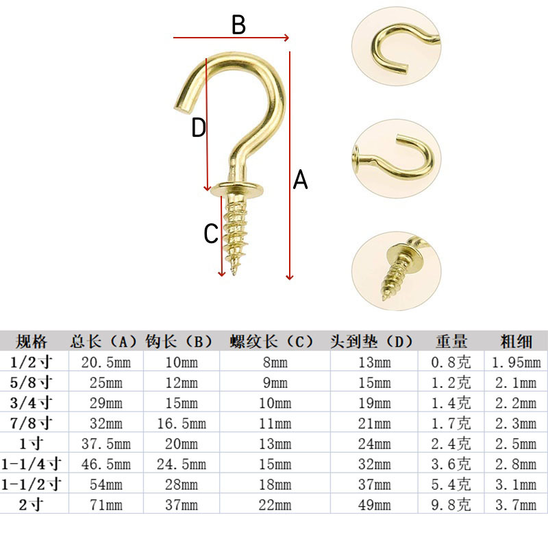 Factory Supply 8 Sizes Black Gold Silver Screw-In Cup Hook Ceiling Metal Hook Wall Screw Hook