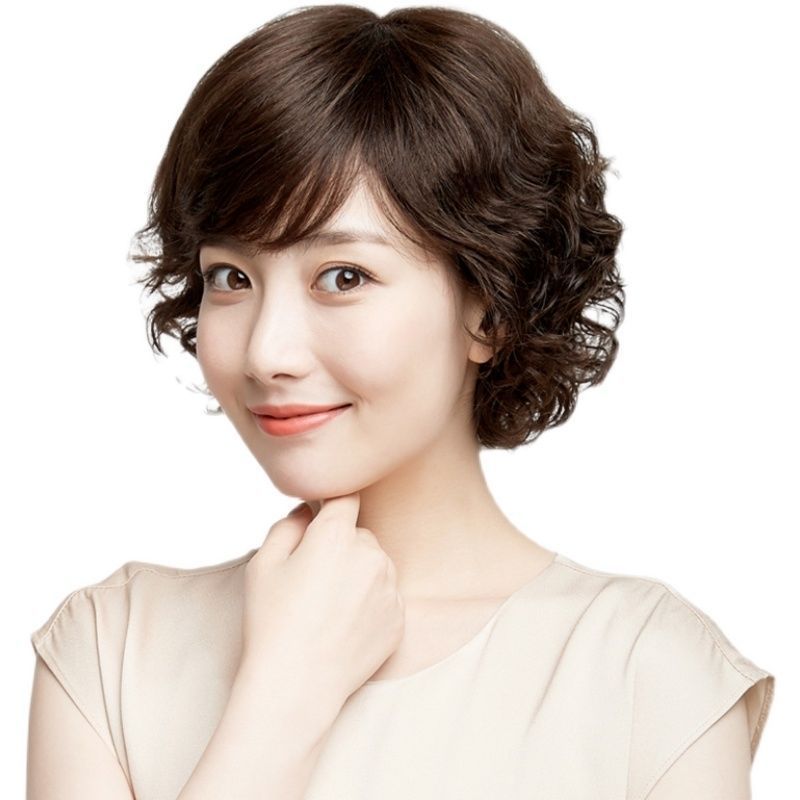 Wig for Women with Short Hair, Real Hair, Full Human Hair, Mother and Lady Full Headgear, Middle-Aged and Elderly Short Curly Hair, Same Style as Stars