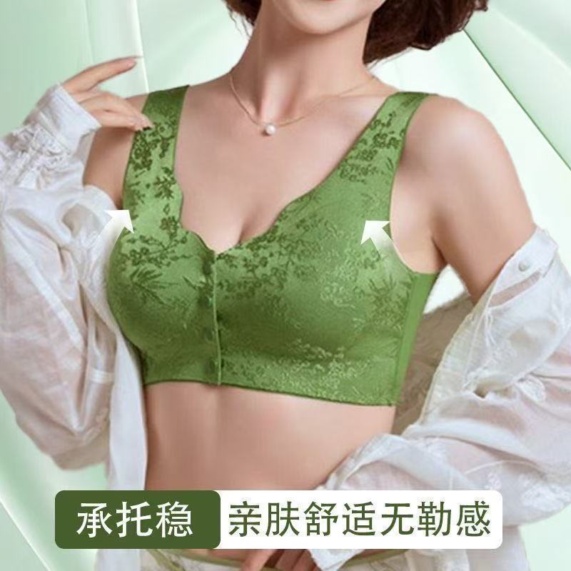 Cross-Border Large Size Chinese Style Mother's Underwear Embossed Jacquard No Rims Push-Up Adjustable Middle-Aged and Elderly Front Buckle Bra