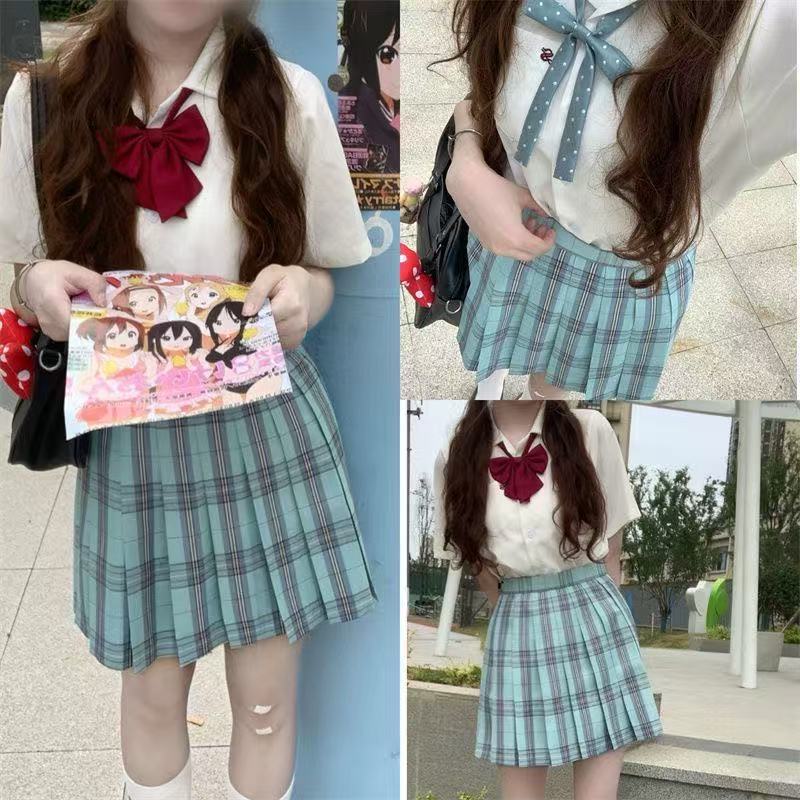 [glass sea] jk uniform plaid skirt genuine academic style girl's half pleated skirt blue green Japanese high waist skirt