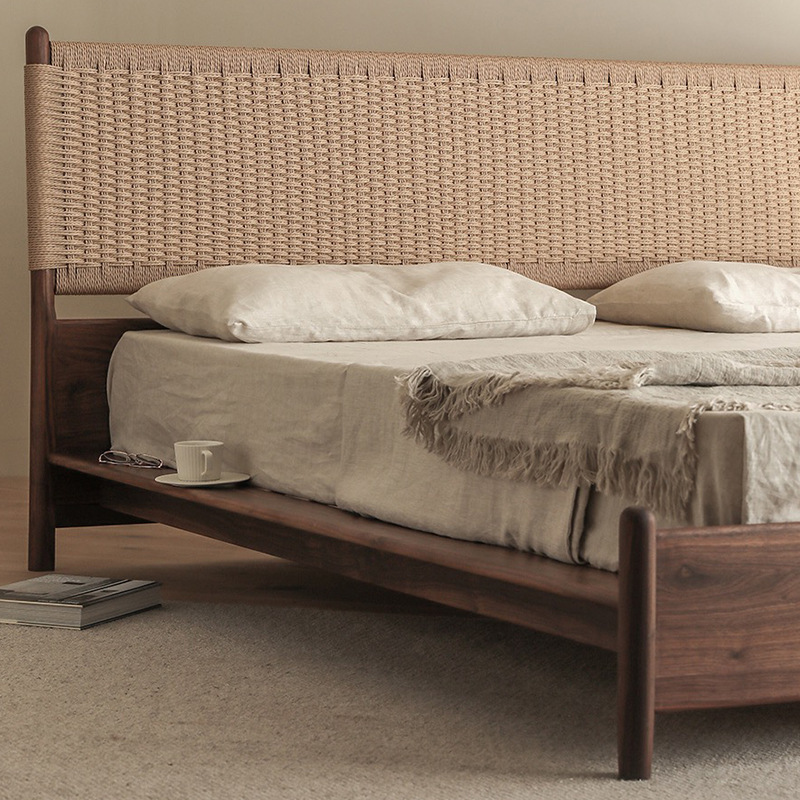 Nordic Rattan Double Bed, Wabi-Sabi Style, Popular in Internet-Famous Guesthouses and Hotels, Indoor Home Use, Vintage Style Solid Wood Bed, Simple Design