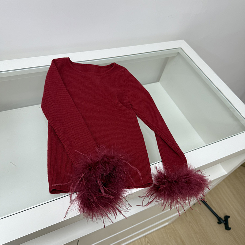 2024 New Girls Ostrich Hair Cuff Base Shirt Crewneck Pit Knitted Sweater Autumn and Winter Long Sleeve Base Sweater