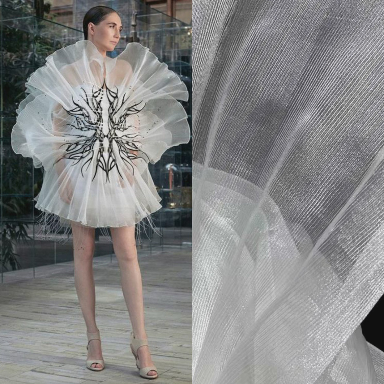 Pearlescent yarn bright pleated yarn stiff styling organza fabric pleated wedding dress crisp pleated fabric fabric wedding