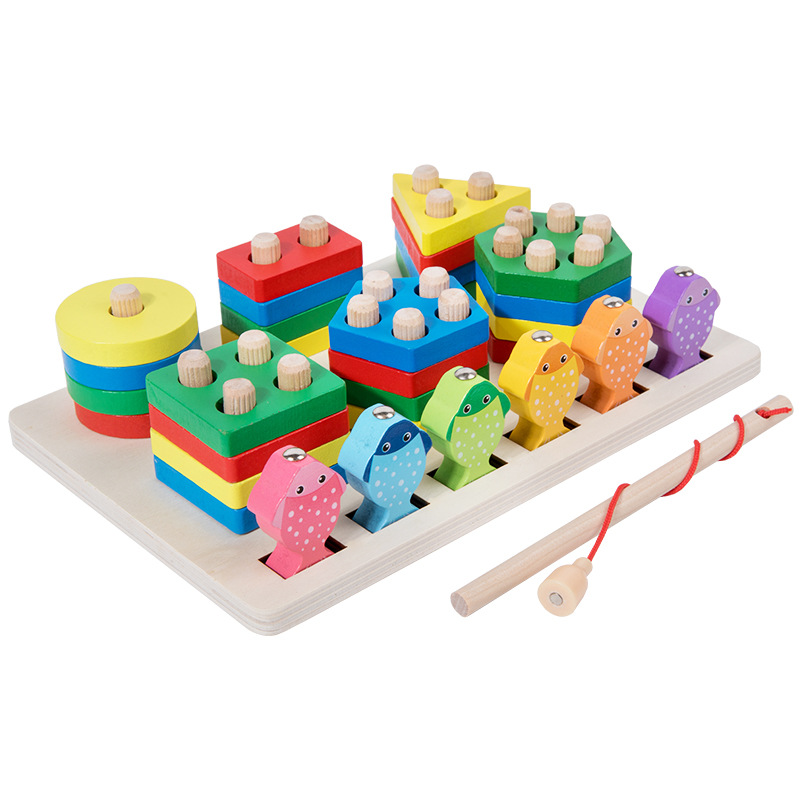 Wooden geometric matching children's educational early education hand-eye coordination color cognitive magnetic fishing set column toy