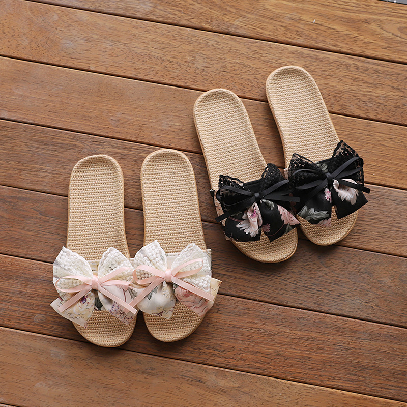 Slippers for Women Summer Indoor and Outdoor Home Linen Floor Non-Slip Office Home Home Cute Bow Sandals Slippers