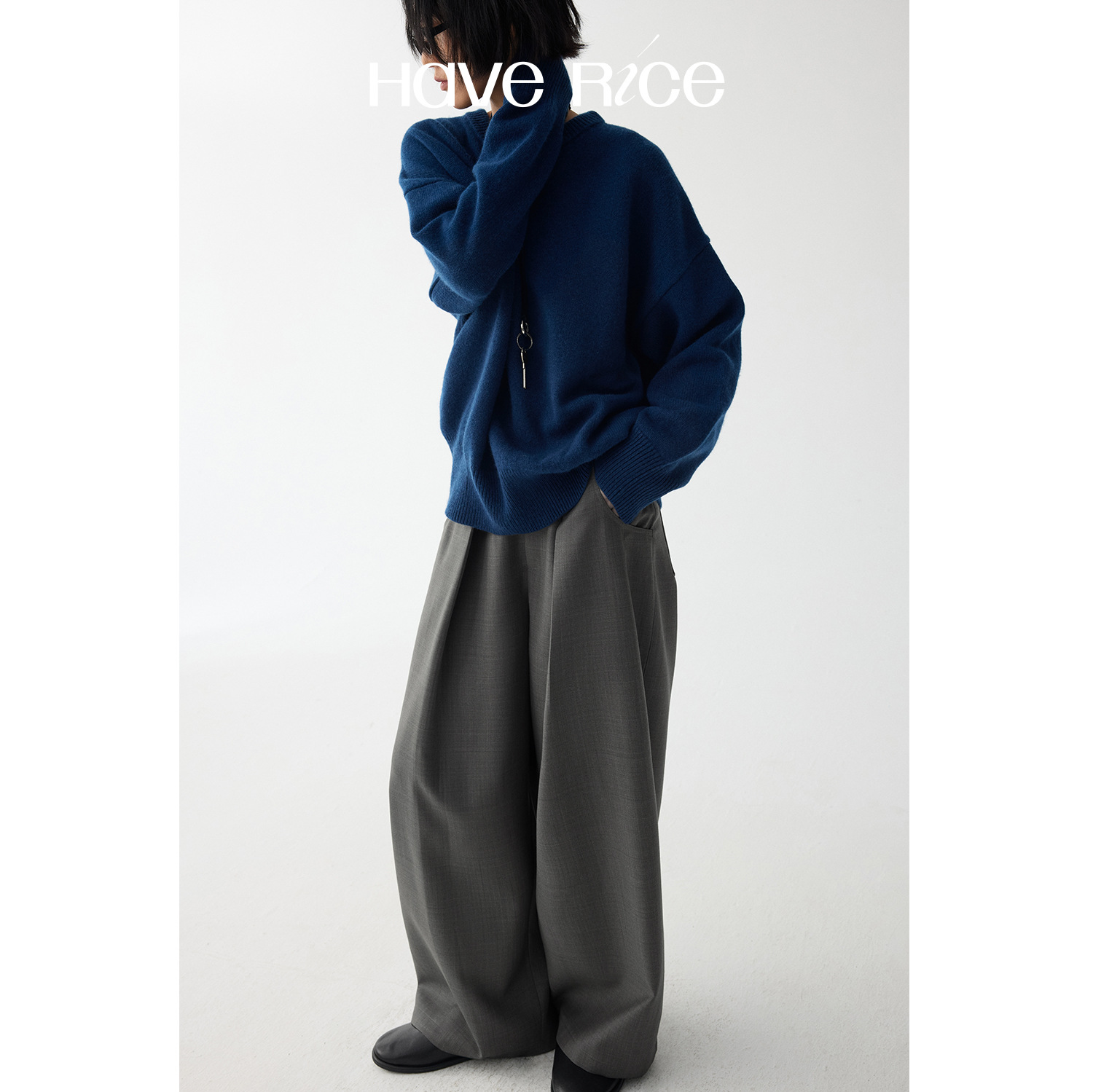 Haverice Restaurant Blues Moment Wool Style Korean Casual Loose Easiest for Match Round Neck Sweater