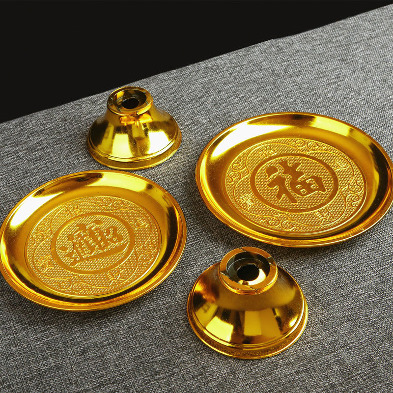 Lucky Gold Tribute Plate, Buddhist Utensils, Buddha Fruit Plate, Buddha Worship Supplies, Household Lotus High Tray, Fruit Plate