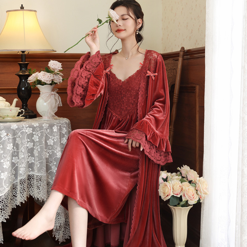 Long-Sleeved Nightgown for Women, Gold Velvet Nightgown, Bridal Dressing Gown, French Warm Pajamas, Can Be Worn Outside, Home Clothes Suit, Autumn and Winter