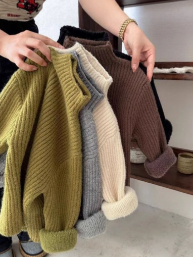 Autumn and Winter Kidsren's All-In-One Velvet Knitwear Half Turtleneck Knitwear Kidsren's Clothing Korean Style Pure Color Bottoming Shirt for Boys and Girls
