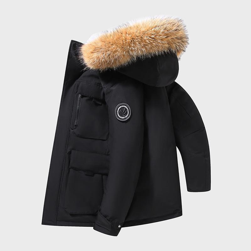 2025 New Thickened Couple's Workwear down Jacket Winter Clothing for Men and Women, Mid-Length with Fur Collar, Outdoor Warm and Trendy