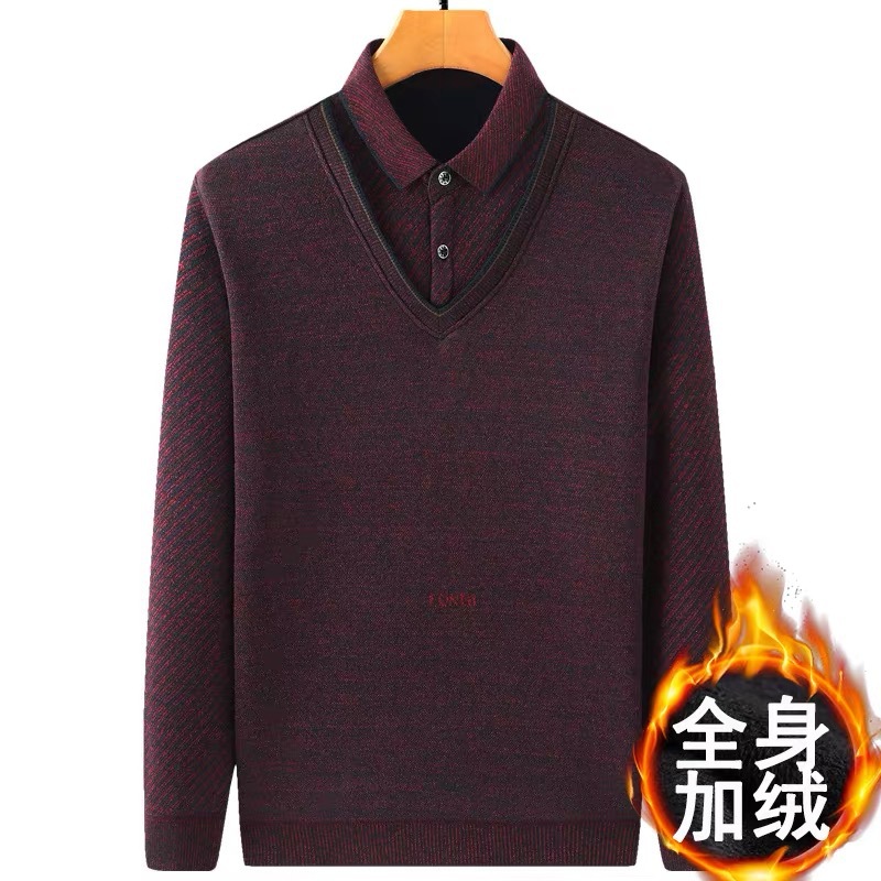 Middle-aged fleece-lined thickened sweater men's middle-aged and elderly men's fake two-piece T-shirt dad winter knitted warm top