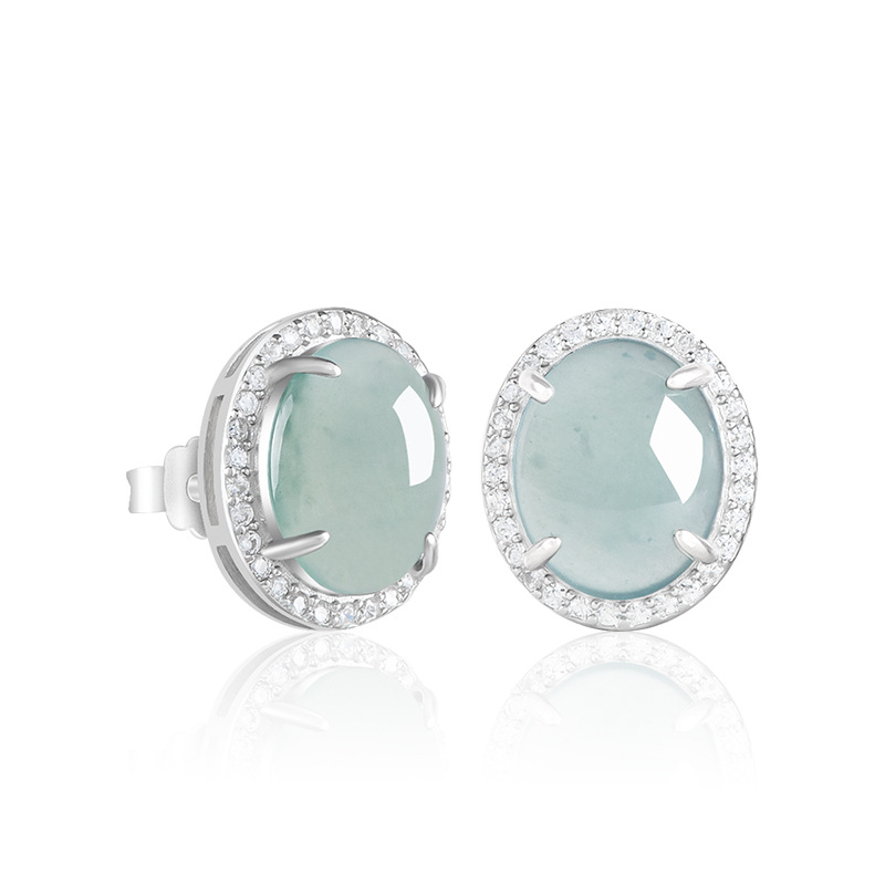 S925 Silver Inlaid Natural A-Grade Jadeite Blue Water Egg Surface Earrings Earrings Ice Jade High-End Fashion Earrings for Women