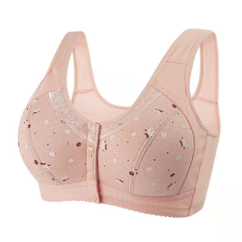 Spring and Summer Large Size Middle-aged Underwear Pure Cotton Non-rimmed Bra Front Buckle Lace Edge Printed Vest Bra
