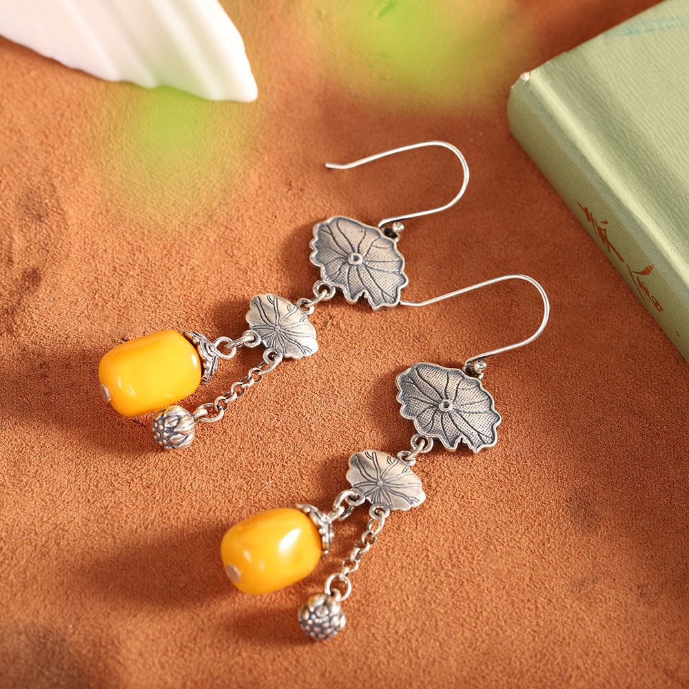Original Handmade 925 Sterling Silver Retro Old Inlaid Natural Beeswax Lotus Leaf Chinese Style Zen Accessible Luxury Women's Earrings