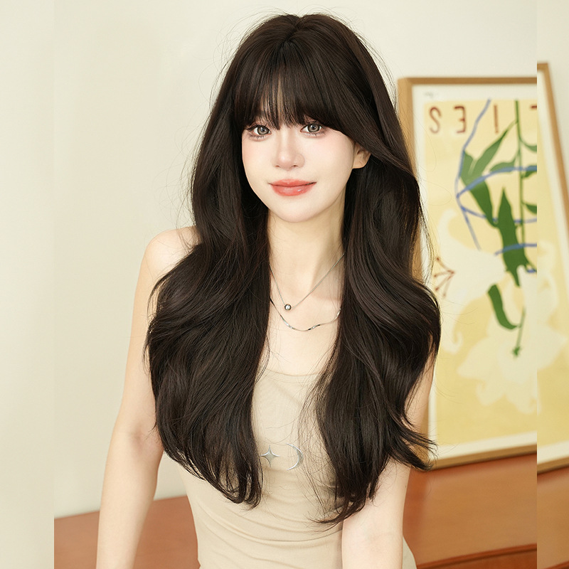 Autumn and Winter new wig women's long curly hair fashion natural full top head cover Chemical Fiber simulation straight bangs pullover long hair