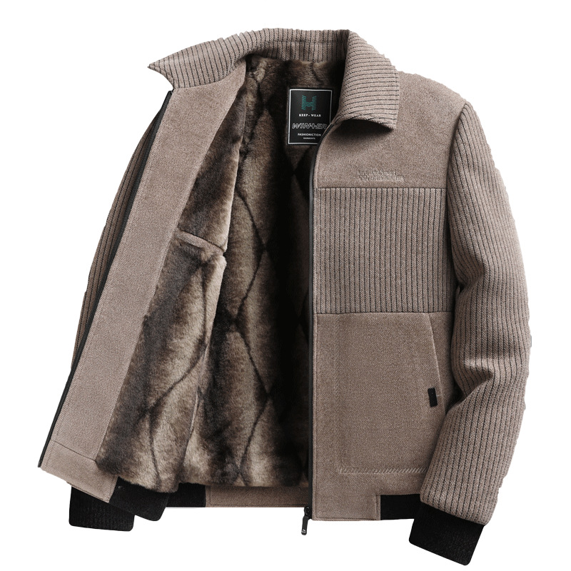 2024 New Fall/Winter Middle-aged Men's fleece-lined Thickened Jacket Lapel Jacket Dad Loose Top