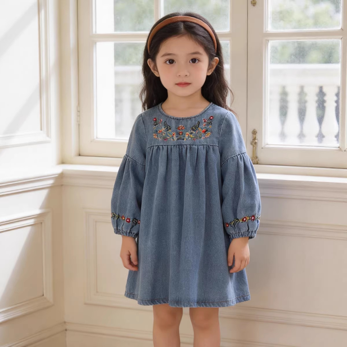MDD новое платье для девочек 2024 новая детская одежда милое джинсовое платье с длинным рукавом вышитым цветком