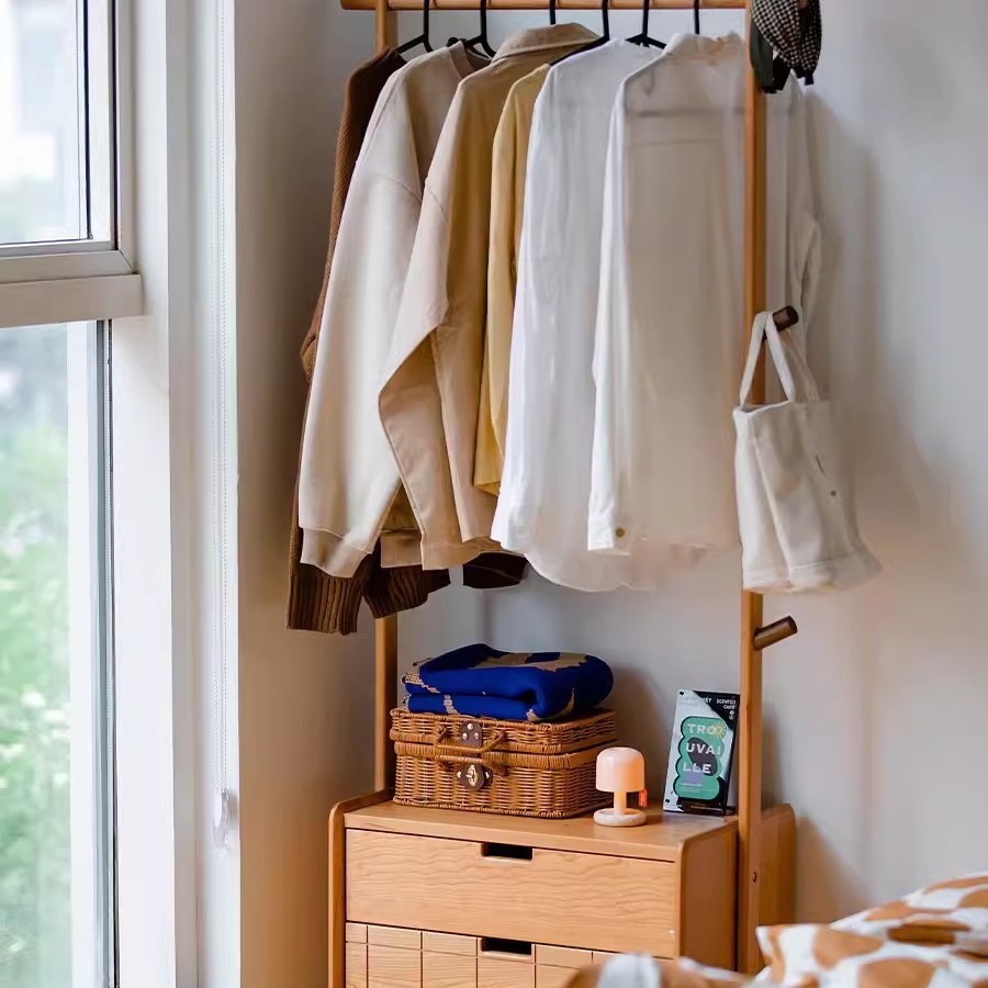 Nordic Household Solid Wood Clothes Hanger Bedroom Floor-Standing Household Clothes Storage Mobile Multi-Functional Vertical Dust-Proof Small Clothes Hanger