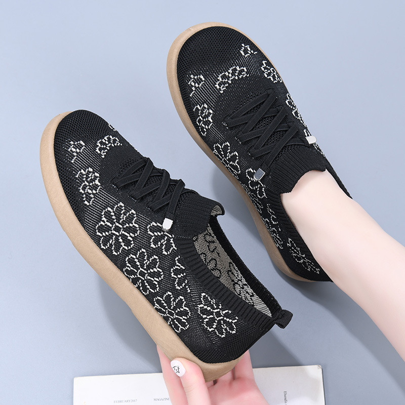 Shoes for Women 2025 Autum Embroidered Lace-Up Shoes for Middle-Aged and Elderly Mothers, Slip-On Casual Shoes, Fly-Knit Moral Training Shoes