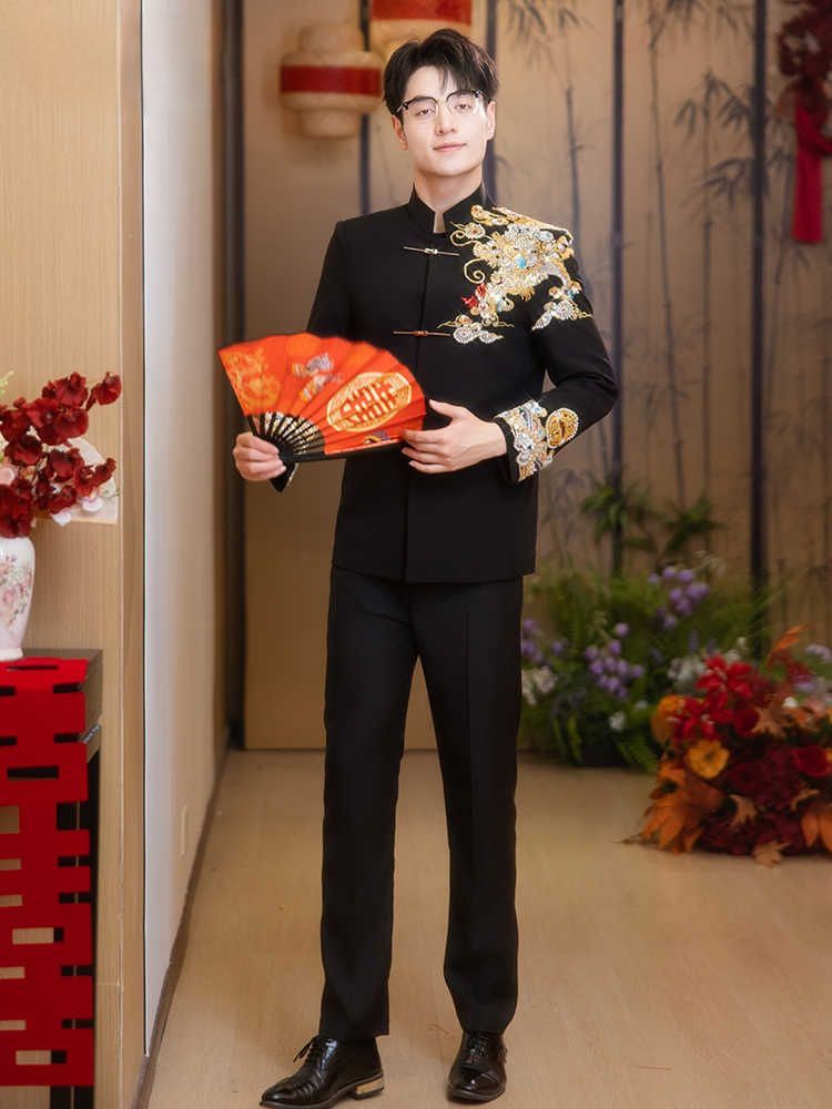 New Chinese-style Xiuhe Dress Groom Black Zhongshan Dress Wedding Dress Men's High-end Wedding Tang Dress National Style Men's Wear