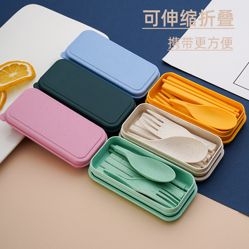 Wheat straw removable portable tableware suit outdoor picnic spoon fork chopsticks plastic tableware storage box wholesale