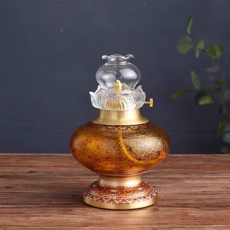 New dimmable copper butter lamp household Buddha lamp Buddha front lamp long bright lamp holder glass windproof Buddha oil lamp
