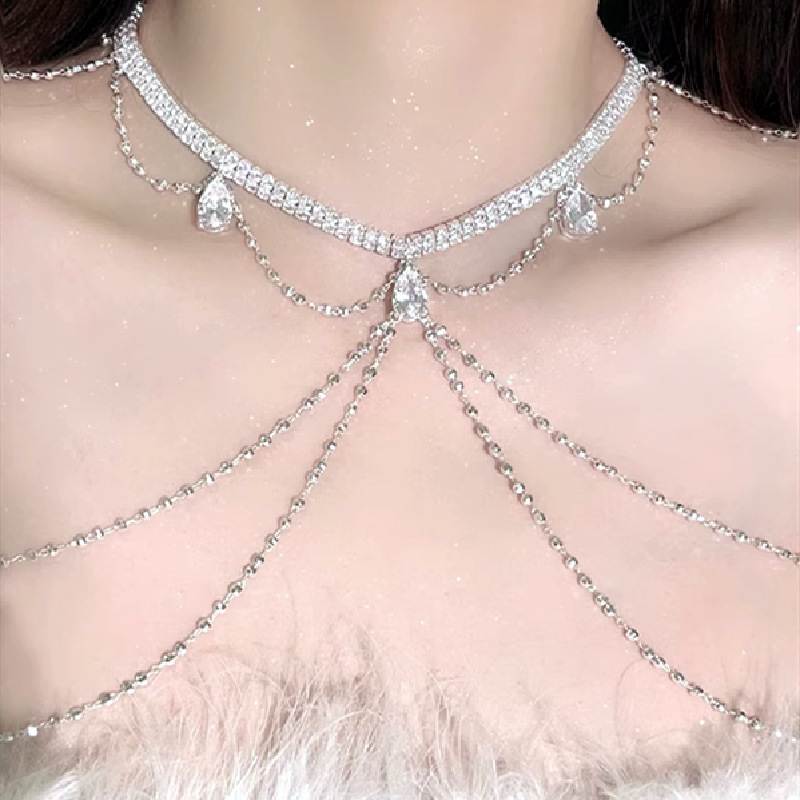 Light Luxury Dress Accessories Tassel Shoulder Chain Fashion Diamond Body Chain Niche High-end Elegant Necklace Rhinestone Chest Chain