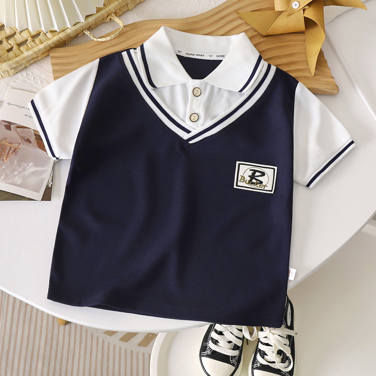 Summer Children's Polo Shirt Korean Academy Style Fake Two-piece Short-sleeved T-shirt Lel Half-sleeved Top for Boys and Girls