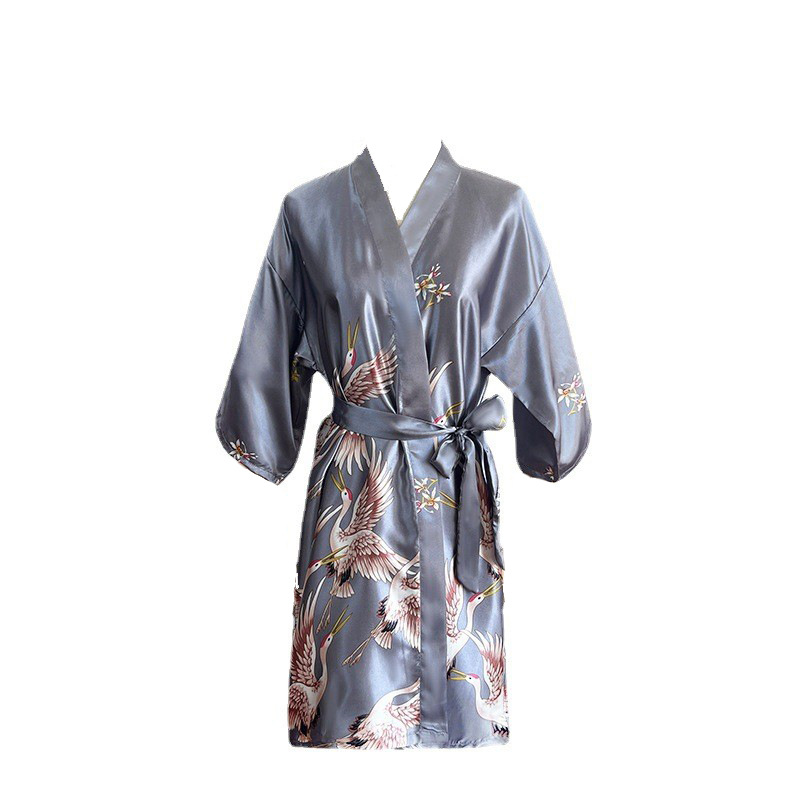 Cross-Border Ice Silk Chinese Style Crane Large Size Cardigan Nightgown Bathrobe Summer Thin Silk Wedding Robe Bride Bridesmaid Dressing Gown