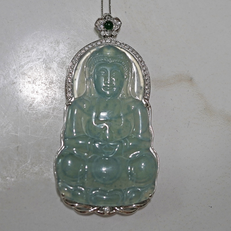 Подвеска из платины Pt950 с культивированным бриллиантом, нефритовая Гуаньинь, инкрустированная полным бриллиантом