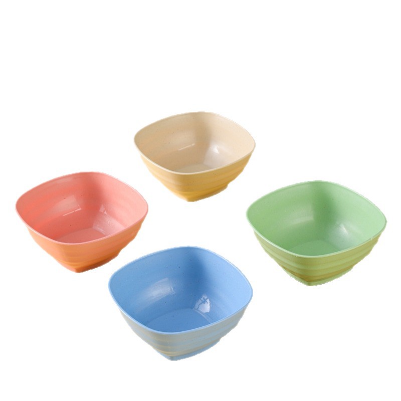 Square Bowl Wheat Straw Round Bowl Anti-Fall Plastic Bowl Rice Bowl Large Soup Bowl Salad Noodle Bowl Square Rice Bowl