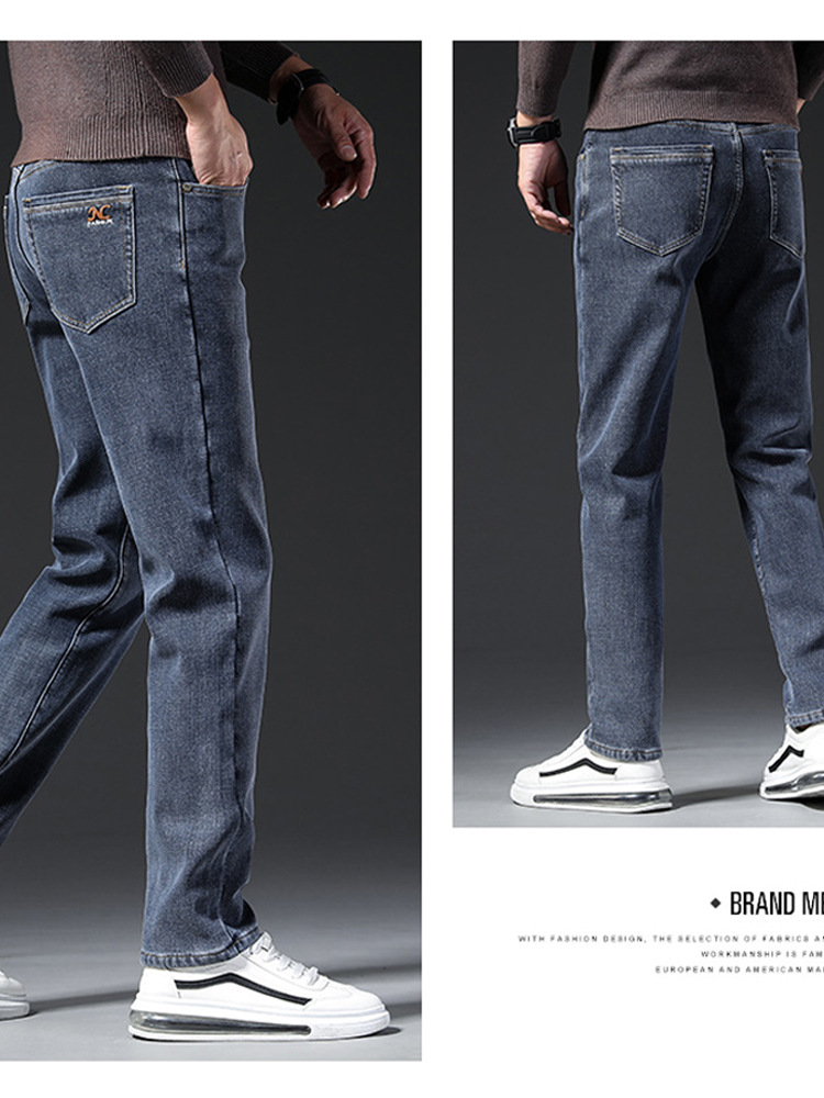 fleece-lined Thickened Winter Jeans Men's Casual Elastic Warm Slim-Fit Small Straight Tube Drain Long Pants for Men JR559