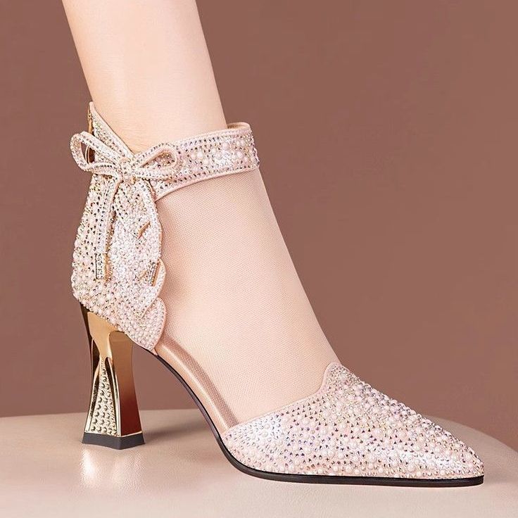 Pearl Rhinestone High-Heeled Mesh Boots for Women, Hollow Thick Heels, Fashionable and Versatile Pointed Toe Breathable Mesh Sandals, Summer Large Size Sandals