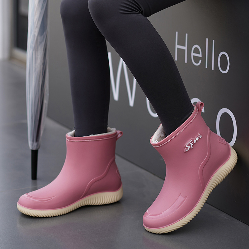 Fashionable Velvet Mid-Tube Rain Boots for Women, Autumn and Winter New Preppy Style Anti-Freeze, Non-Slip, Waterproof Shoes, Wear-Resistant Thick-Soled Rain Boots