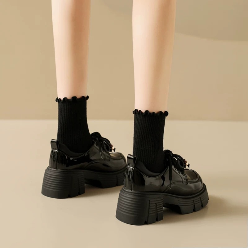 Popular Thick-Soled Loafers for Women, 2025 Autumn New Style, Black Chunky Heel, Height-Increasing, Fleece-Lined, British-Style Small Leather Shoes