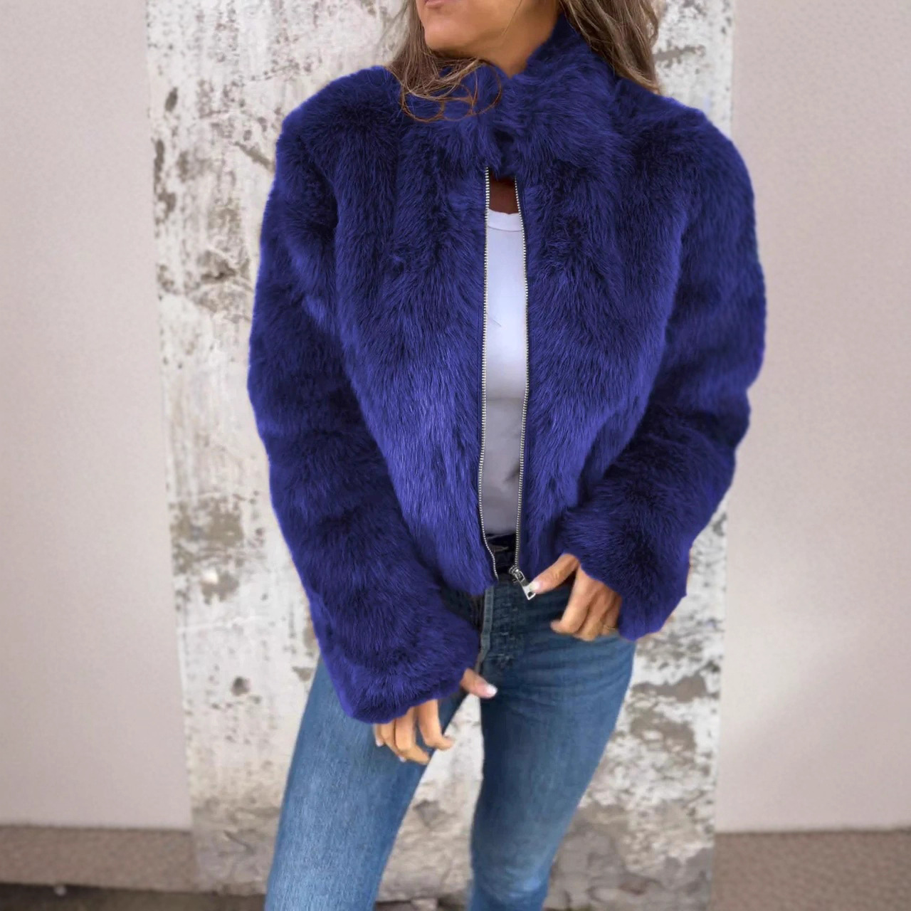 Amazon 2024 European and American Clothing Cross-Border New Autumn and Winter Women's Imitation Fur High Collar Zipper Casual Tops and Jackets