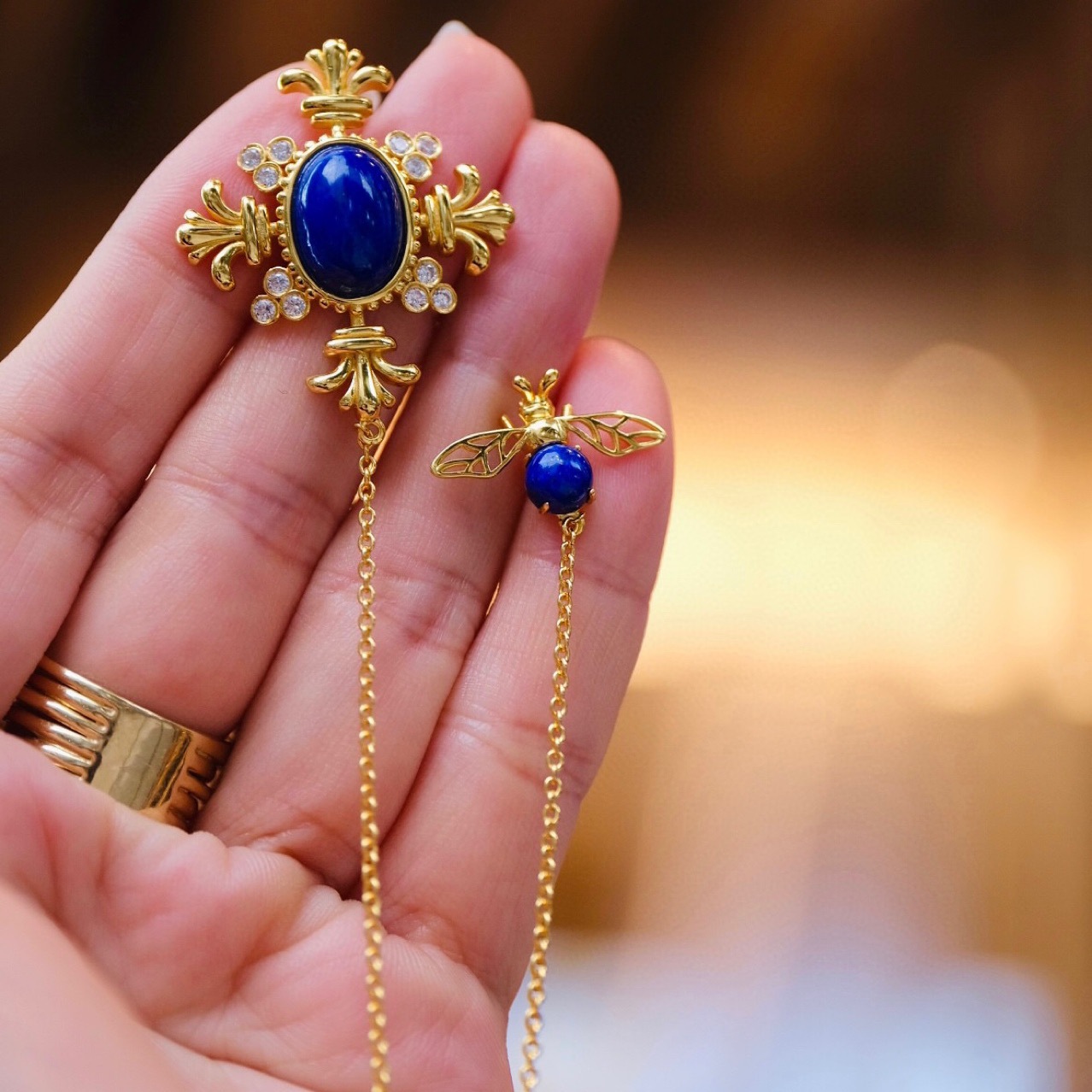 Design Retro Natural Lapis Lazuli Brooch Imperial Lapis Lazuli Malachite S925 Silver Men's and Women's Collar Pin Brooch