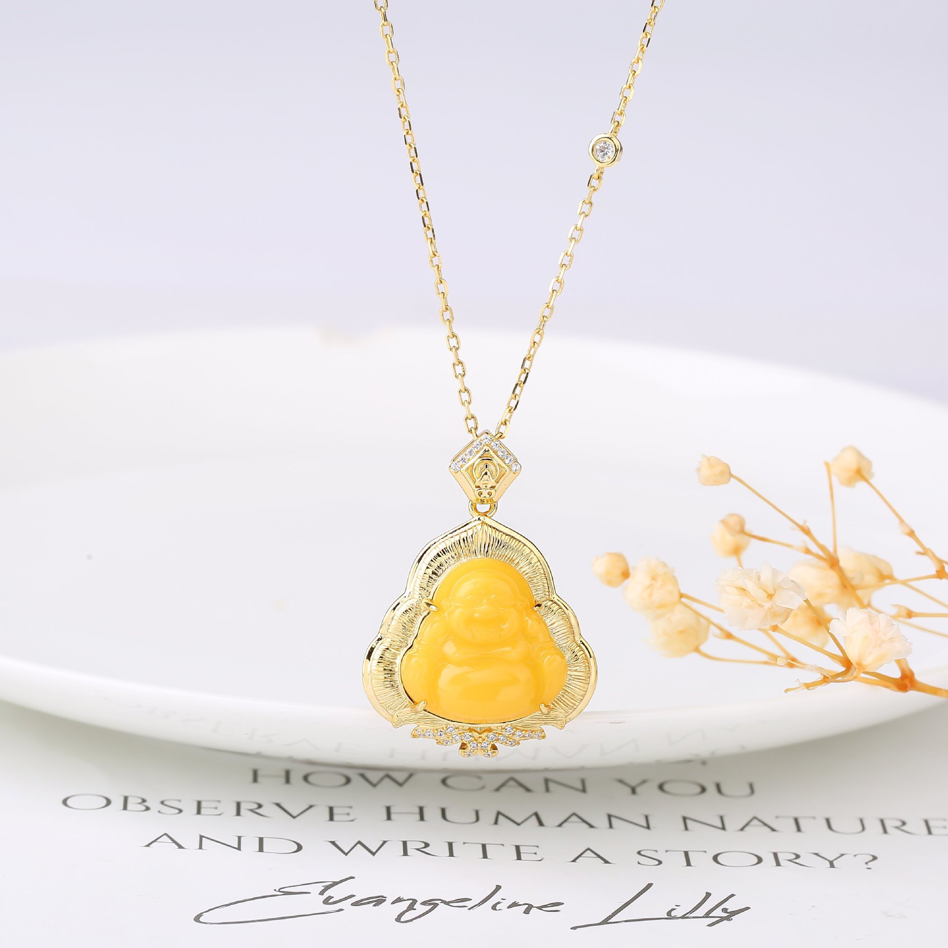 S925 Silver Natural Russian Old Beeswax Pendant Amber Chinese Style Simple Brushed Maitreya Buddha Pendant Ring Set