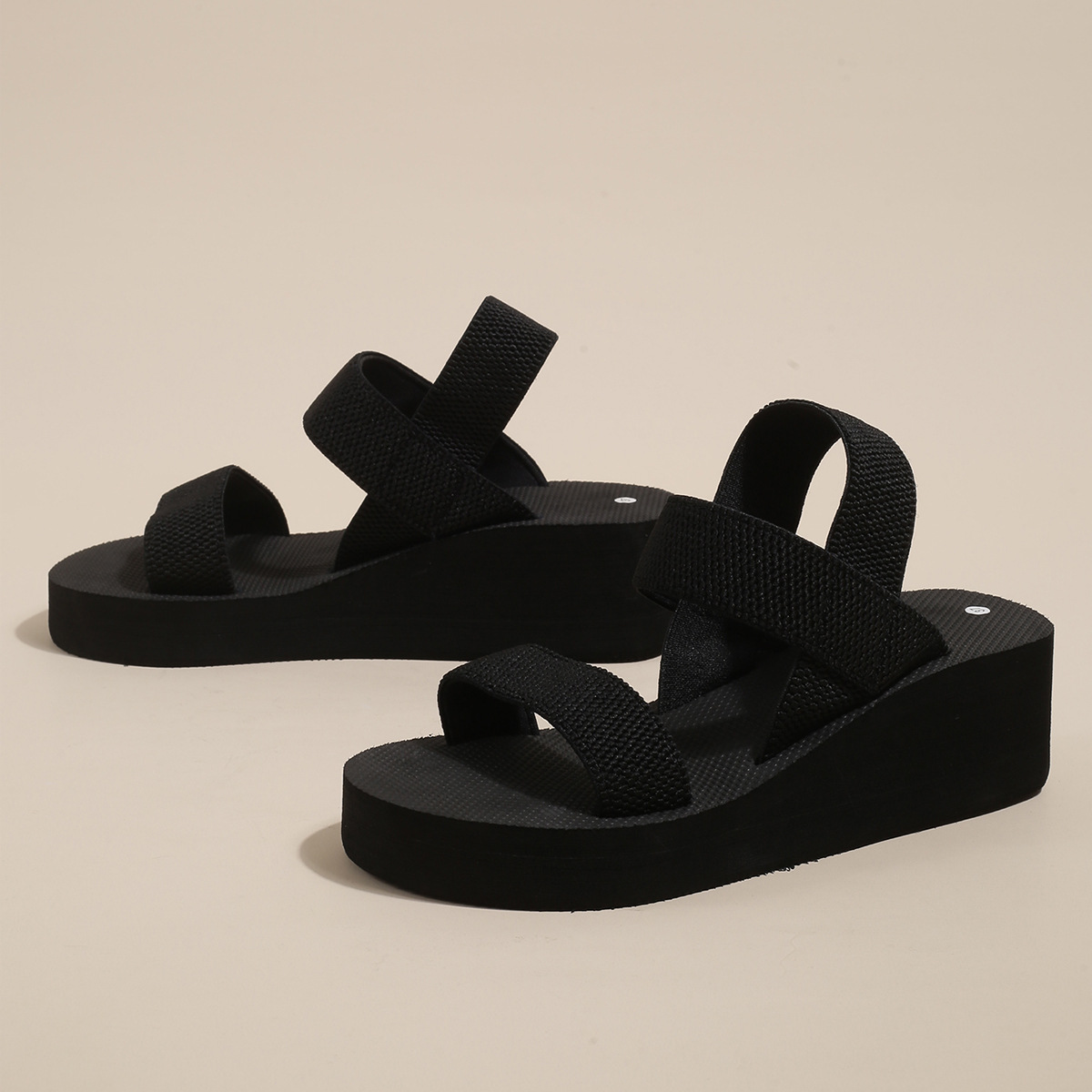 Welcome to inquire Cross-border Ladies Wedge Sandals Thick-soled High-heeled elastic foam box embossed black Chaozhou