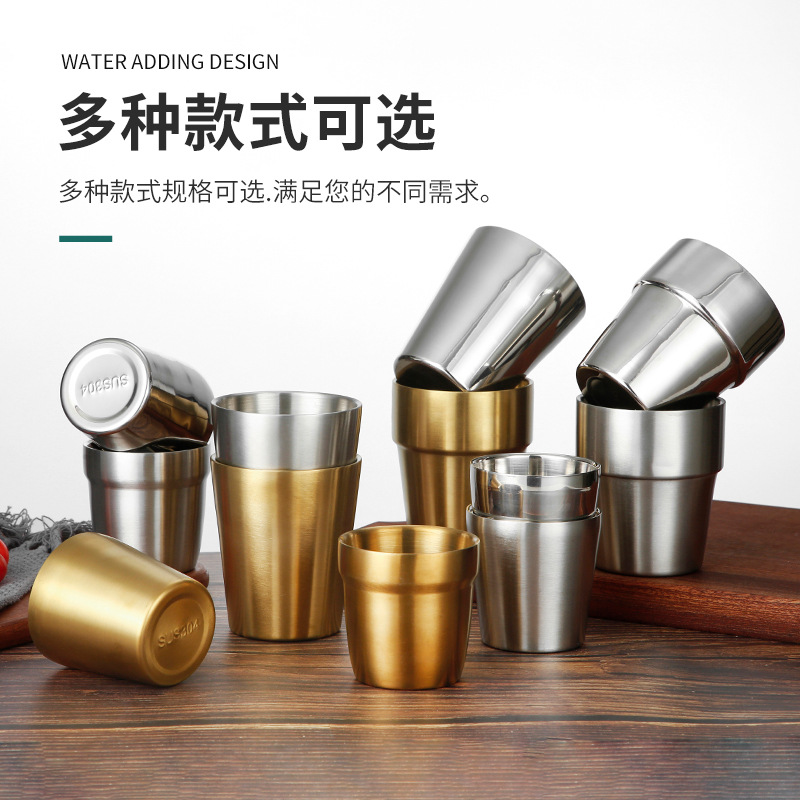 304 Stainless Steel Double-Layer Water Cup Gold Cup Beverage Cup Beer Cup Commercial Catering Tea Cup Korean Style