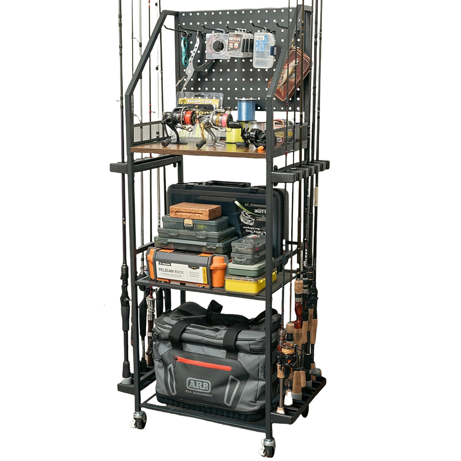 Многофункциональная стойка для хранения удочек Amazon, многоуровневая стойка, инструмент для хранения рыболовного снаряжения, коробка для катушек, рыболовная тележка