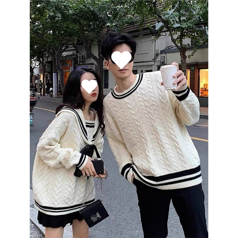 Autumn and Winter New Style Ins Lazy Style Couple Outfits College Style Color-Blocking Sweater Loose Outerwear Student Knitwear Thickened